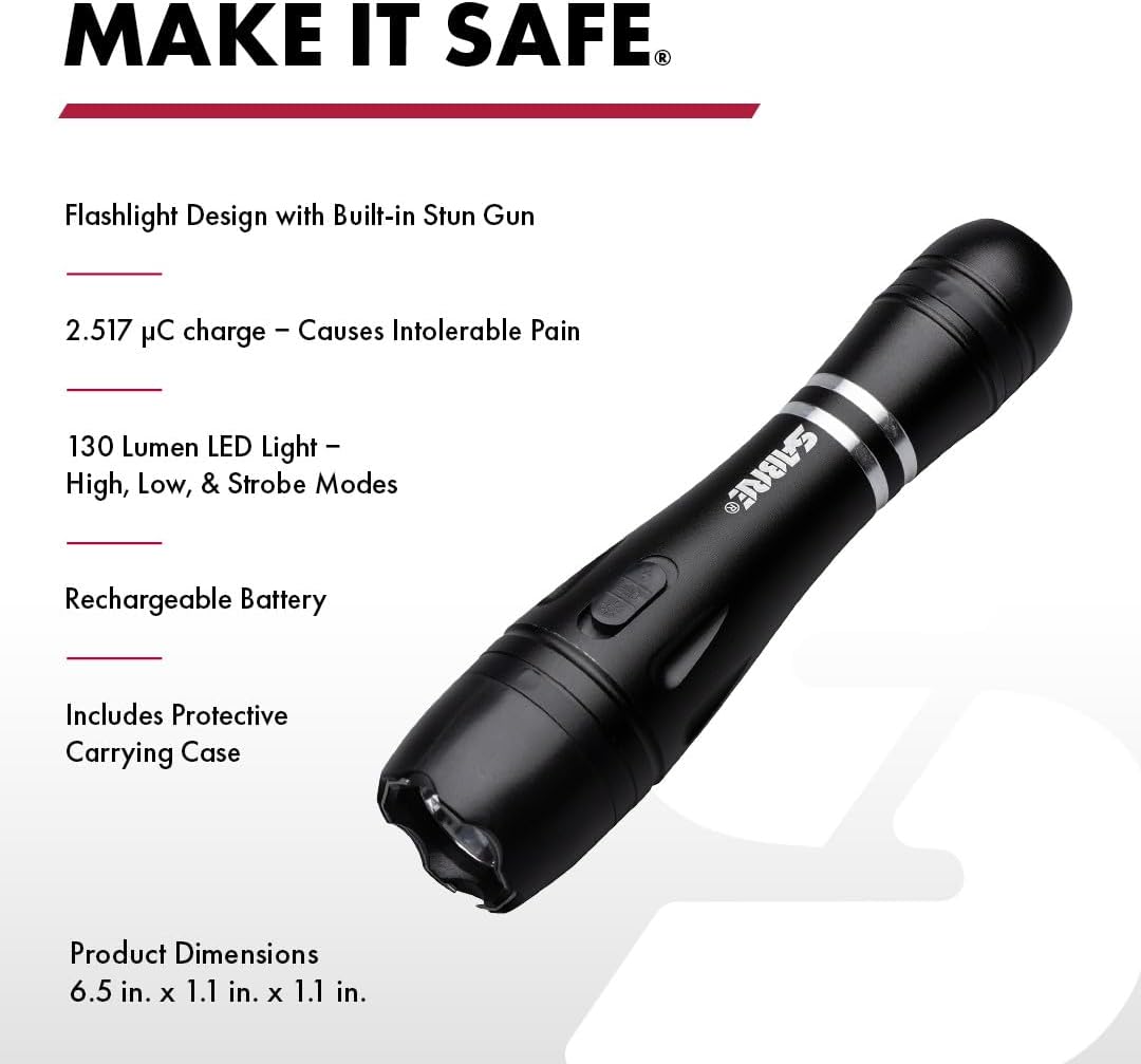 SABRE 2-in-1 Tactical Stun Gun with LED Flashlight, Self Defense Stun Gun with 2.517 µC Charge Produces Intolerable Pain, 130 Lumen LED Light, Safety Switch, Belt Holster, Rechargeable Battery