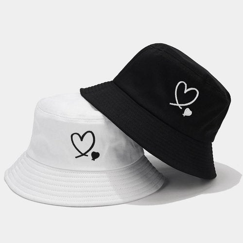XYIYI Double Heart Black Fashion Embroidery Bucket Hat Cotton Beach Fisherman Hats for Women Girls