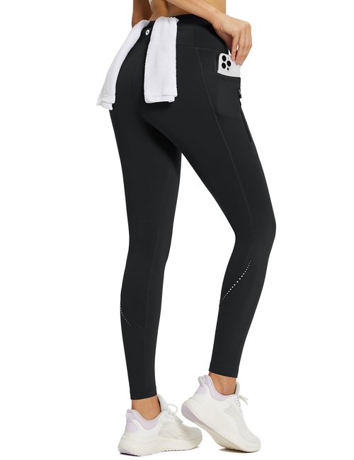 baleaf Fleece Lined Leggings Women Waterproof Thermal Pants Winter Workout Running Tights with Pockets Cold Weather Gear Black S