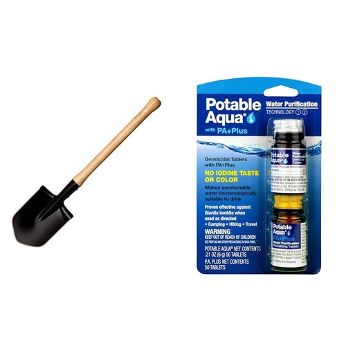 Cold Steel Spetsnaz Tactical Camp Shovel Tool for Camping, Survival and Outdoors with 2 Bottles Potable Aqua Water Purification Tablets for Emergency Water Treatment, Hiking, Travel