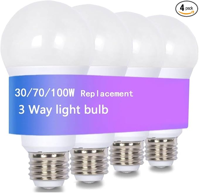 VVH 3-Way LED Light Bulb 3/7/10W - 30/70/100 Watt Equivalent, Soft White 3000K A19 E26 Base, Three Way Light Bulbs for Reading, Table Lamps & Floor Lamps 4-Pack