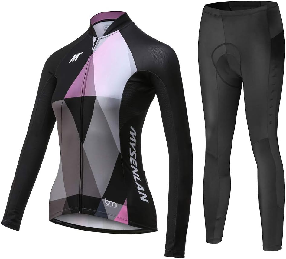 Mysenlan Women's Cycling Long Sleeve Breathable Jersey Set 3D Padded Long Pants Bike Shirt Bicycle Tights Clothing
