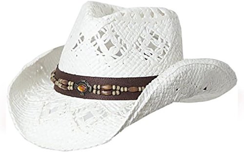 TOVOSO Straw Cowboy Hat for Women with Beaded Trim and Shapeable Brim, T20 White