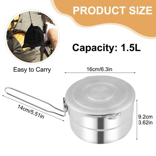 Stainless Steel Camping Cook Pot - 1.5L Camping Cookware with Lid and Folding Handle,Large Capacity Bento Pot for Camping, Hiking, Picnic