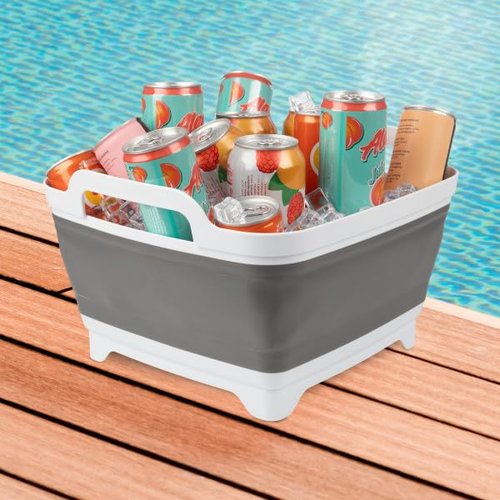 Wakeman Collapsible Wash Basin - 9L Portable Sink with Drain - Plastic Tub Dish Pan for Camping, Handwashing Laundry, or Dishes Outdoors (Gray)