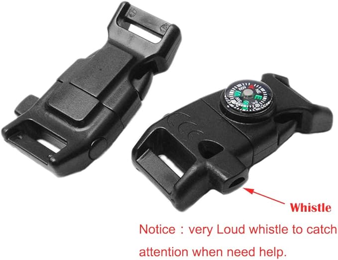 10pcs Pack Black 5/8" Compass Flint Scraper Fire Starter Whistle Buckle Plastic Paracord Bracelet Outdoor Camping Emergency Survival Travel Kits #FLC158-FWC(Black)