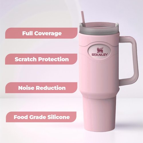 Silicone Boot for Stanley Cup 40 oz Tumbler Sleeve Accessories & Replacement 12” Straw Set Compatible for Stanley Case Quencher with Handle Full Body Protector Case (Pink)