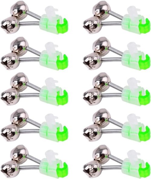 PurYupearl 10 PCS Silver Fishing Rod Bells Double Bell 1.89 Inch Green Galvanized Fish Bite Alarm Portable Reusable Bite Indicator for Night Fishing Bite Indicators