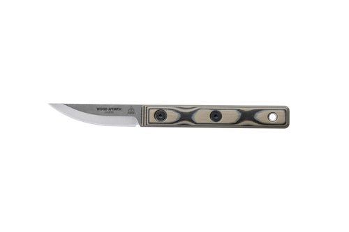 Tops Knives Wood Nymph Full Tang Fixed Blade- Tumble Finish- Brown Leather Sheath w Belt Loop (Tan/Black G10 Handle)