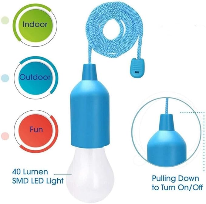 LED Pull Cord Light Bulb 4 Pack, LED Camping Lantern Lights Hanging Tent Lamp Light Bulbs for Camping, Hiking, Home Decor, Hurricane Emergency, Storms, Outages and More (4pcs Colored)