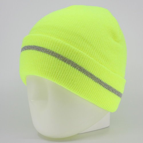 The Vintage Year Sports Knit Radar Cuff Beanie Skull Cap Winter (Reflective Stripe Cuff Yellow)