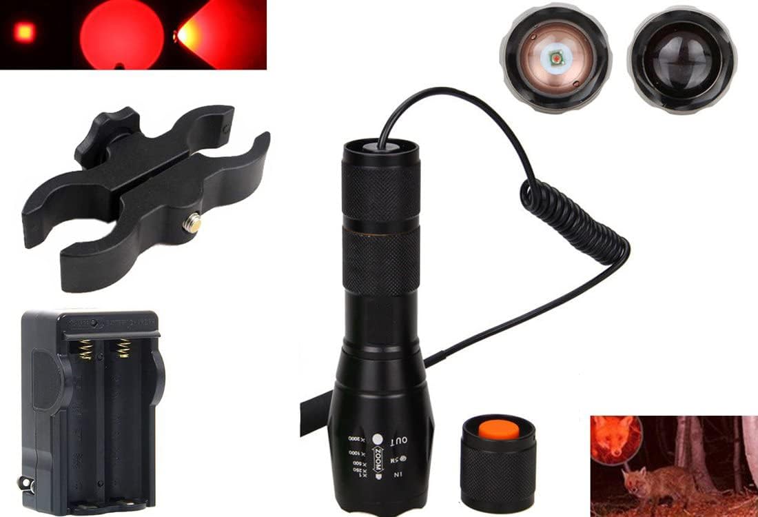 WINDFIRE Tactical Red LED Light Flashlight 300 Yards Zoom Focus Adjustable Flashlights Coyote Hog Fox Predator Varmint Hunting Lights Sets with Pressure Switch, Scope Mount