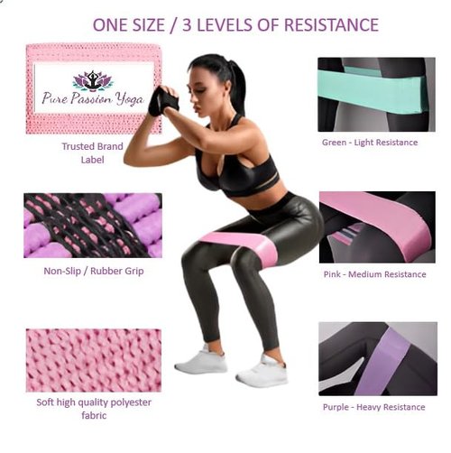 Pure Passion Yoga Fabric Resistance Band Set | 3 Tension Bands with Carrying Bag | Fabric Resistance Bands for HIPS & Glutes Workouts