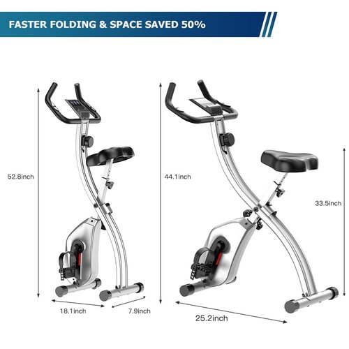 CRYSTAL FIT Indoor Folding Exercise Bike, Foldable Stationary Bikes For Home Workout Upright Indoor Cycling Bike, Magnetic X-Bike with 8-Level Adjustable Resistance, Phone Holder & Comfortable Seat Cushion (silver)