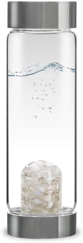 VitaJuwel ViA LUNA | Crystal Water Bottle with Rainbow Moonstone and Clear Quartz for Intuition, Empathy, Femininity