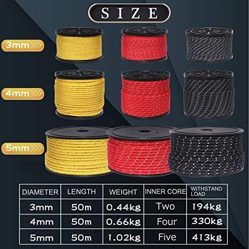 Hikeman 50m Reflective Guyline Solid Braid Nylon Camping Rope with Aluminum Adjuster Cord Tensioner Tent Accessory for Outdoor Travel,Hiking,Backpacking and Water Activities (Army Green, 3mm)