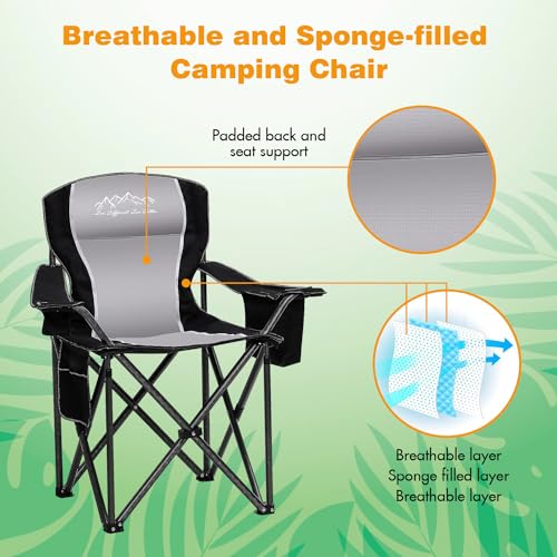 SAILARY 2PCS Folding Camping Chair Portable Outdoor Heavy Duty Padded Chairs Lawn Chair with Cup Holder, Storage Pocket and Cooler Bag, Supports 450LBS Black