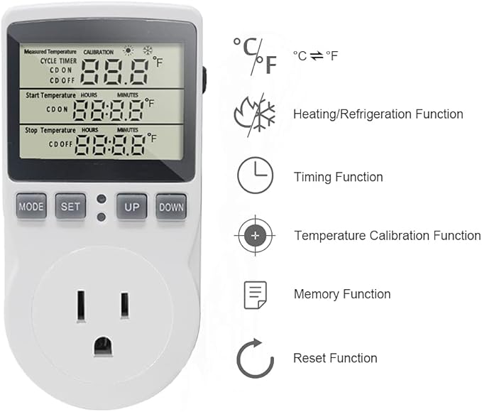 Digital Thermostat Plug Socket Temperature Controller Outlet 3m Probe 120V 15A 1800W C F Heating Cooling Control for Incubator Brewing Incubator Greenhouse Terrarium Heat Mat