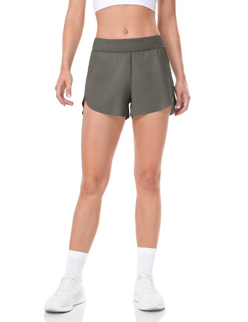 HeyNuts My Pace Running Shorts for Women, Mid Waisted Reflective Athletic Shorts Lined Workout Shorts 3" Grayish Green XS(0/2)
