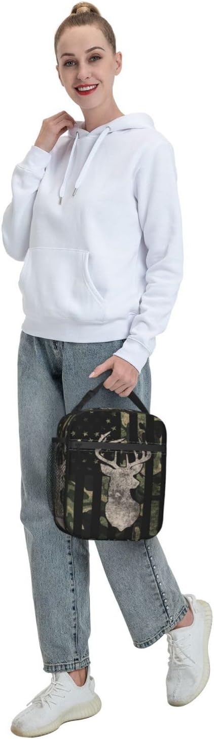 Camouflage Hunting Tactical Deer Camo American Flag Lunch Box Insulated Lunch Bag for Kids Boys Girls, Portable Kids Lunch Box Reusable Cooler Totes for School Work Picnic