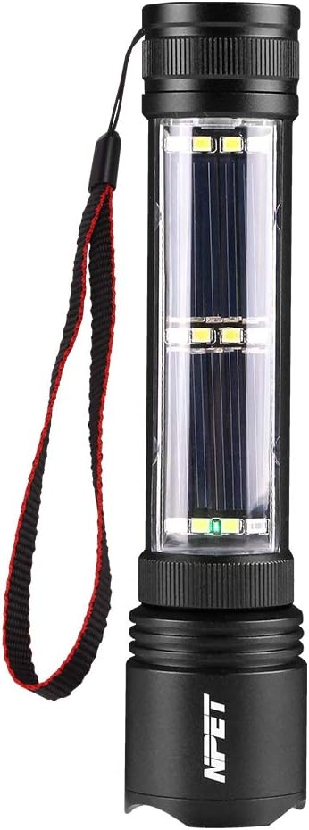 NPET T10 Car Flashlight 500 Lumens LED COB Light Solar Powered USB Rechargeable Tactical Multi-Function Torch Tool with 120dB Siren Window Breaker Seat Belt Cutter Compass for Camping