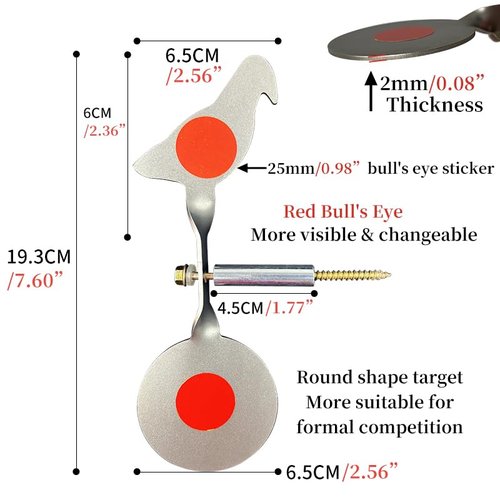 Wingswinmax Bigger Bird Spinner Air Gun Target 19.3cm/7.6" Slingshot Target 360° Rotating Screwed-Type Steel OR Stainless Steel Plinking Target Bird BB Air Gun Target (Silver Stainess Steel 2mm)