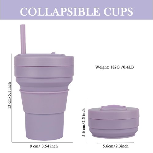 Collapsible Travel Cups- Food Grade Silicone Coffee Cups with Straw Lid 350ml 12oz Lightweight