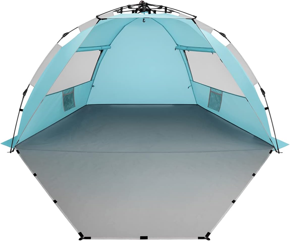 Oileus X-Large 4 Person Beach Tent Sun Shelter - Portable Sun Shade Instant Tent for Beach with Carrying Bag, Stakes, 6 Sand Pockets, Anti UV for Fishing Hiking Camping, Waterproof Windproof, Orange