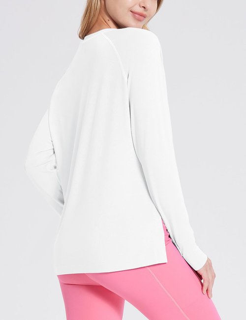 baleaf Women's Long Sleeve Workout Tops Loose Athletic Shirts Crew Neck Yoga Top Running Hiking Raglan Tee SPF White XS