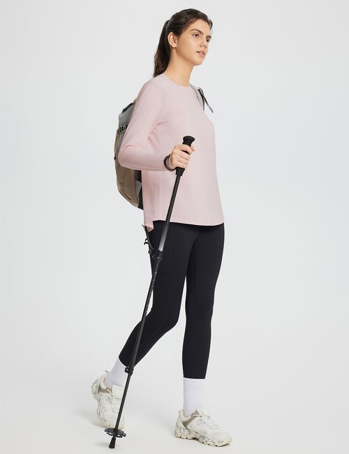 baleaf Women's Long Sleeve Workout Tops Running Athletic Hiking Shirts Quick Dry Loose Fit UV Lightweight Tees Pleated Back UPF 50+ Pink XL