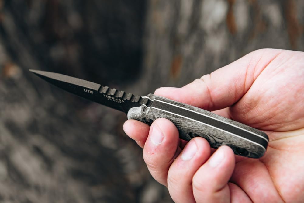 Tops Knives TPUTE02: Ute-Utility Tool Edged Fixed Blade- Black Kydex Sheath with Black Rotating Spring Steel Clip