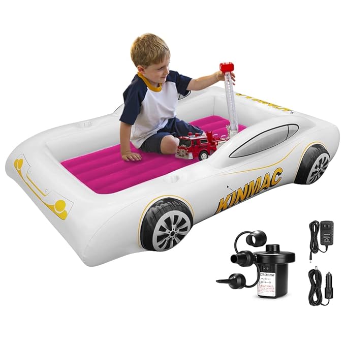 KINMAC Inflatable Toddler Travel Bed- Portable Travel Toddler Air Bed for Kids Camping Air Mattress Racecar Toddler Bed with Sides Blow Up Mattress Sleeping Pad for Camping Car Travel(Rose Red)