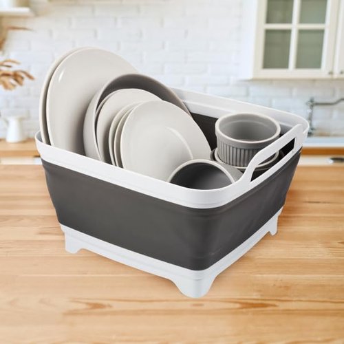 Wakeman Collapsible Wash Basin - 9L Portable Sink with Drain - Plastic Tub Dish Pan for Camping, Handwashing Laundry, or Dishes Outdoors (Gray)