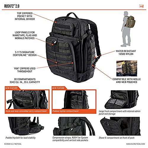 5.11 Tactical Backpack, RUSH 72 2.0 Military Survival Molle Back Pack with Laptop Compartment, Large, 55L, Multicam, Style 56566ABR