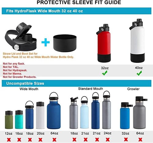 Replacement Lid and boot for Hydro Flask 32 40 oz Wide Mouth Water Bottles, Lids Compatible with Hydro Flask Wide Mouth Sports Cup, Top Spout Lid with Handle, Chug Cap Accessories, Black lid+Boot