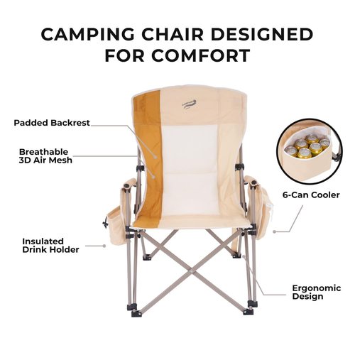 Camphor Designs Heavy Duty Portable Folding Camping Chair for Adults with Padded | for Outdoor & Sports, Backpacking, Beach, Lawn, Hunting, Tailgating, Fishing | Supports 400 Lbs (Single, Beige)