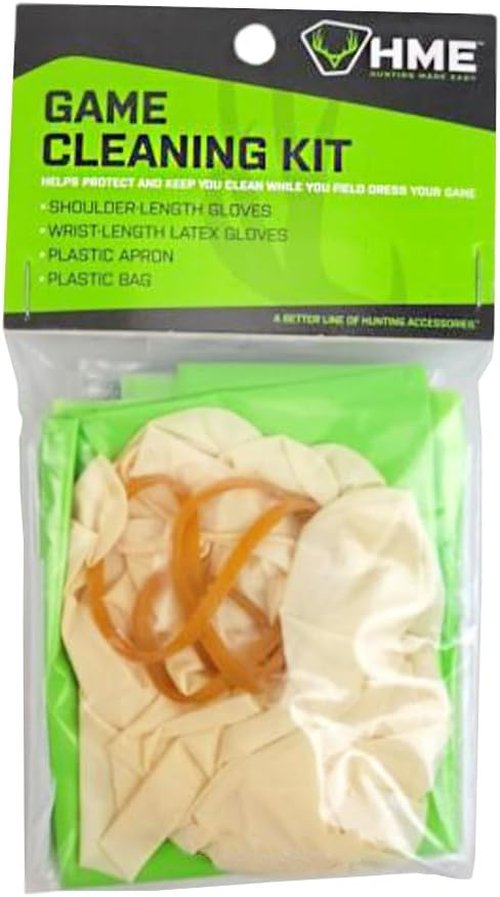 HME Game Cleaning Kit for Field Dressing, Skinning, Processing & Gutting Shoulder-Length Gloves, Wrist-Length Latex Gloves, Plastic Apron & Plastic Bag