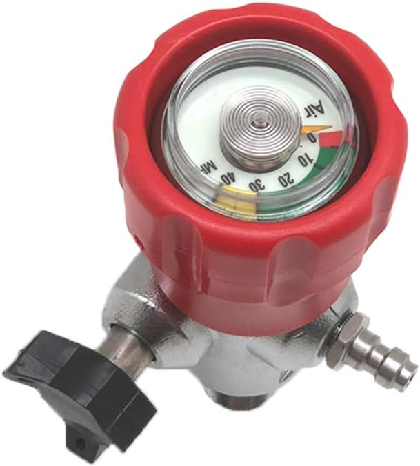 Paintball CO2 Tank Compressed Air DIN Valve Gauge & Fill Station, 300bar/4500psi High Pressure, 8mm Quick Disconnect Adapter, 24" Charging Hose for PCP Game (Top Gauge Valve)