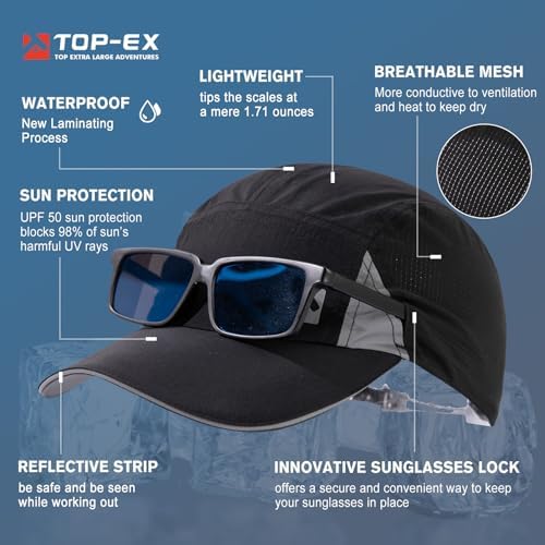 TOP-EX XL/XXL Mens Breathable Baseball Cap Women with Cooling Mesh Sunglass Lock UPF 50 Sun Hat Sport Running Golf Cap Foldable Black M/L
