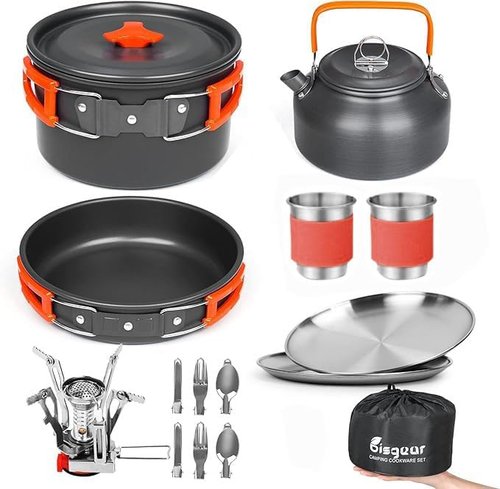 Bisgear Camping Cookware Kettle Backpacking Stove Mess Kit, Camping Pots and Pans Set with Cups Plates Utensils, Camping Kitchen Accessories Cooking Set Survival Gear