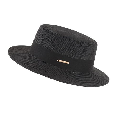 Straw Beach Sun Hat Pork-Pie Boater-Hat for Women Men - Summer Wide Brim Uv-Rays Panama Hat Black