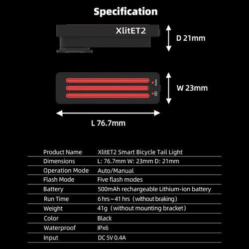 ENFITNIX XlitET2 USB Smart Bike Tail Light, Bicycle Brake Sensing Rear Bike Light,IPX6 Waterproof 5 Modes Safety Warning LED Bike Light