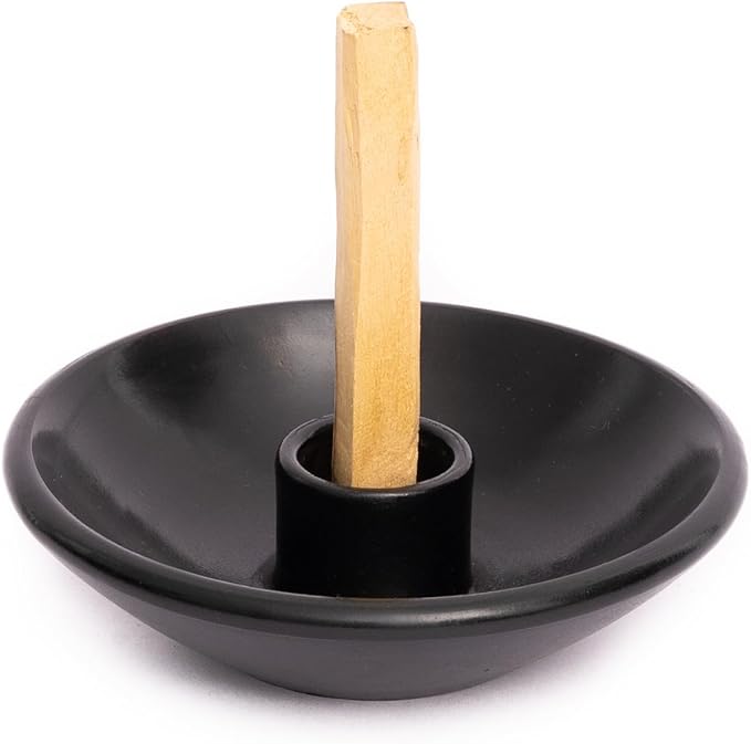 Luna Sundara Authentic Peru Pottery Palo Santo Stick Holder and Incense Holder Includes 5 Palo Santo Sticks Handmade Ceramic Smudge Bowl Sage Holder Palo Santo Holder (Black)