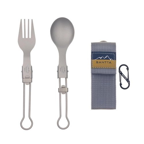 SANTTA Light Weight Titanium Folding Fork Spoon 2 Piece Utensil Set with Carry Bag and Carabiner for Camping, Hiking, Backpacking and Travelling