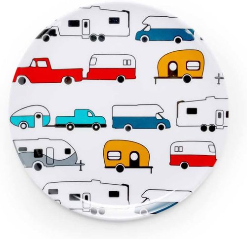 Camco Teal Life is Better at The Campsite 12 Piece Dishware Set-Blue Retro Trailer and Logo Design, Includes Plates and Bowls, Perfect for RVing and Camping, Melamine (53296)