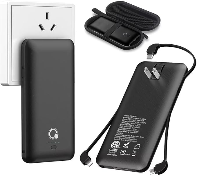 Q 10000mAh Power Bank, Slim Portable Charger,4 Output External Battery Pack with Built-in AC Wall Plug Micro USB C 3 Cables Compatible with iPhone Samsung Android Phone Tablet and More