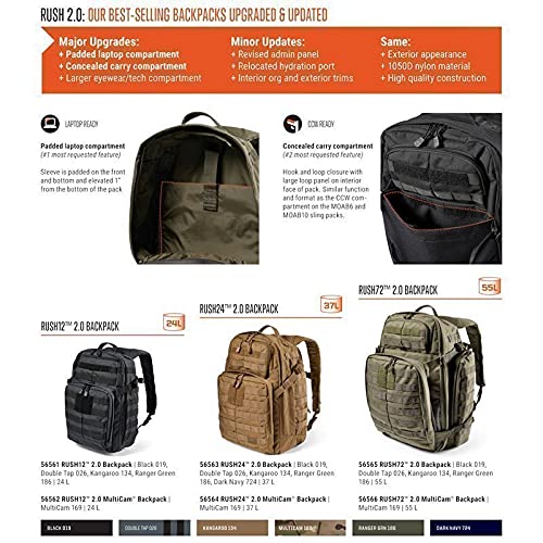 5.11 Tactical Backpack, RUSH 72 2.0 Military Survival Molle Back Pack with Laptop Compartment, Large, 55L, Multicam, Style 56566ABR