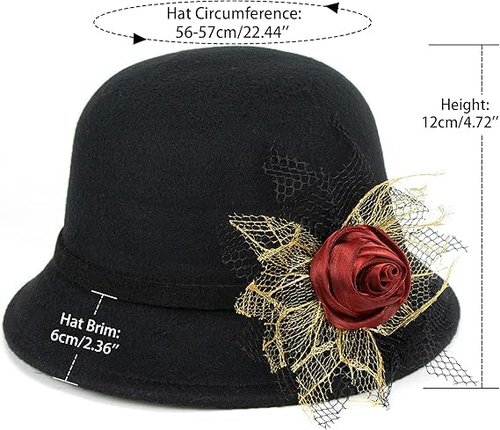 Women's Classic 1920's Wool-Cloche-Hat Vintage Bowler-Hat Cloche-Bucket-Cap with Rose Bow