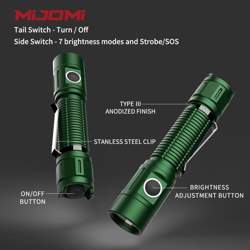 MIJOMI J81G Tactical Rechargeable Flashlight with Holster, 1300 Lumen Super Bright IP68 Waterproof Dual Button Flashlight for Tactical Games Outdoor