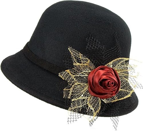 Women's Classic 1920's Wool-Cloche-Hat Vintage Bowler-Hat Cloche-Bucket-Cap with Rose Bow